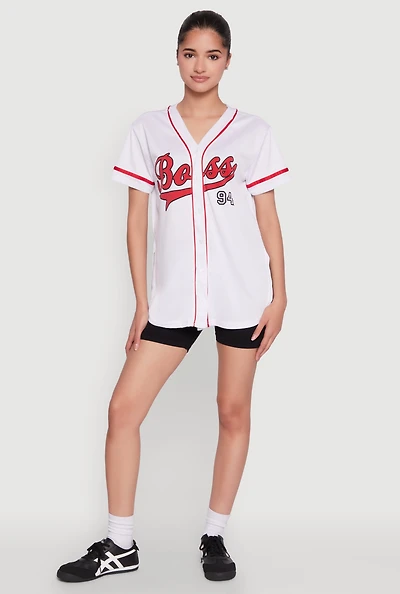 Womens Boss 94 Graphic Baseball Jersey, White, Size S