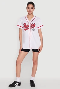 Womens Boss 94 Graphic Baseball Jersey, White, Size S