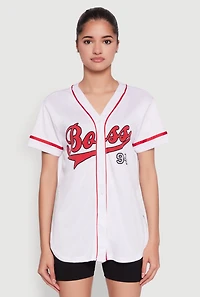 Womens Boss 94 Graphic Baseball Jersey, White, Size S