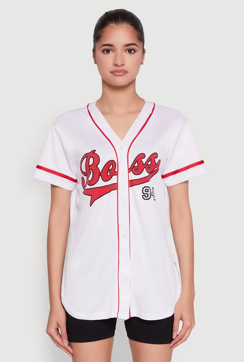 Womens Boss 94 Graphic Baseball Jersey, White, Size M