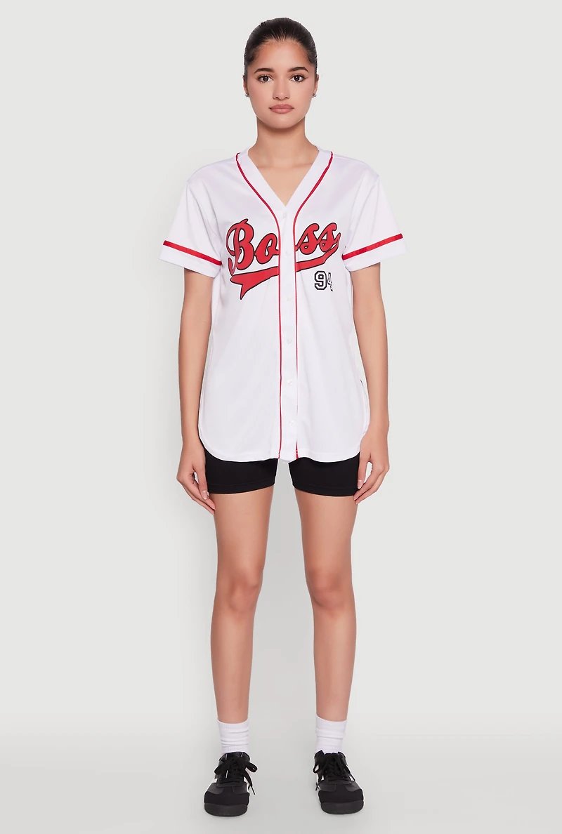 Womens Boss 94 Graphic Baseball Jersey, White, Size M