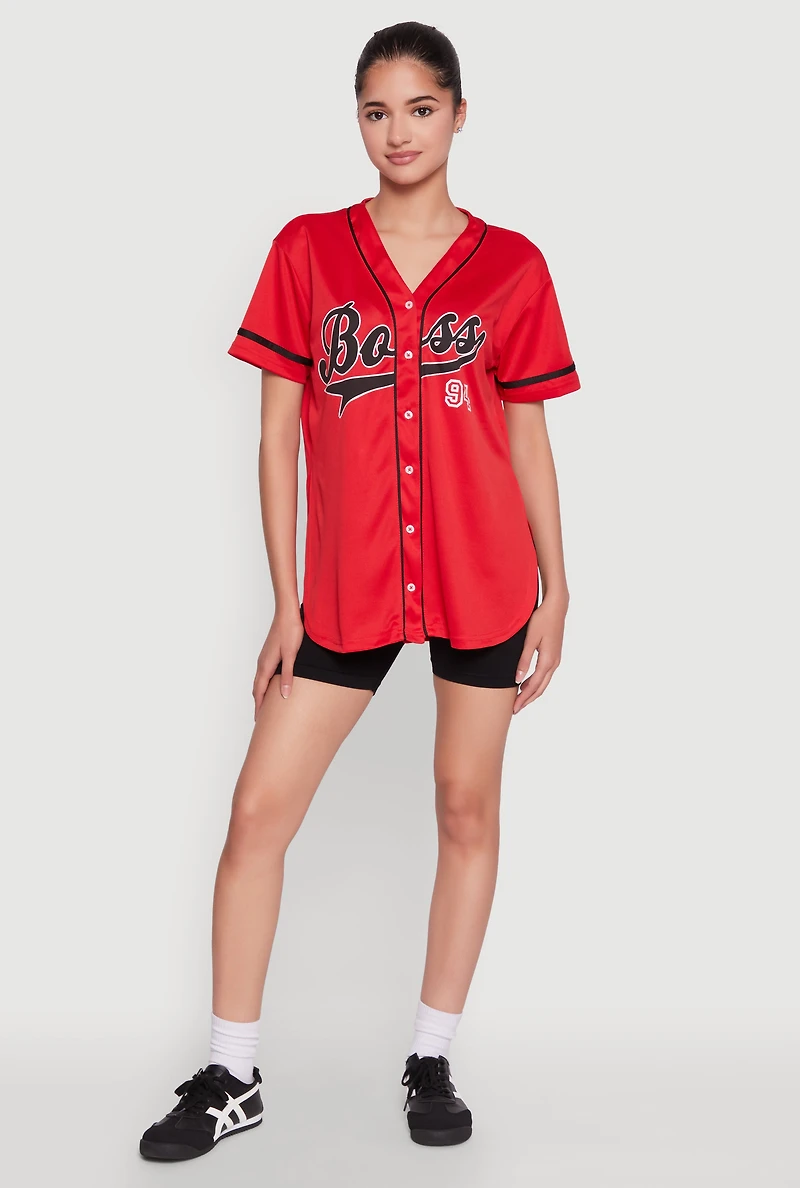 Womens Boss 94 Graphic Baseball Jersey, Red, Size XL