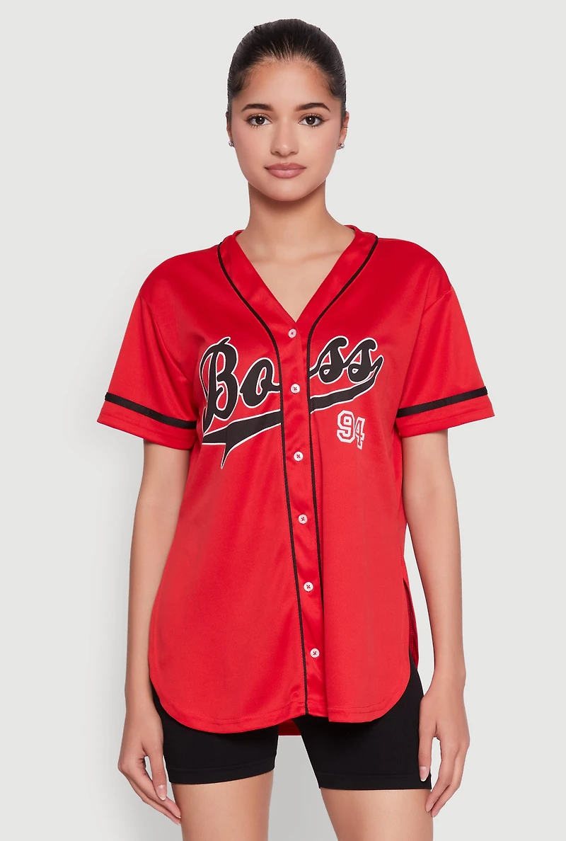 Womens Boss 94 Graphic Baseball Jersey, Red, Size L