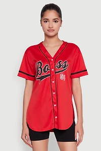 Womens Boss 94 Graphic Baseball Jersey, Red, Size L