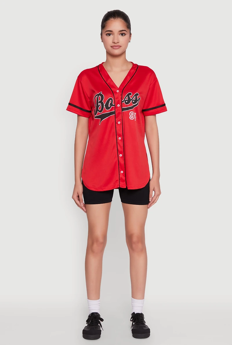 Womens Boss 94 Graphic Baseball Jersey, Red, Size L