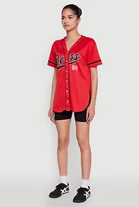 Womens Boss 94 Graphic Baseball Jersey, Red, Size XL