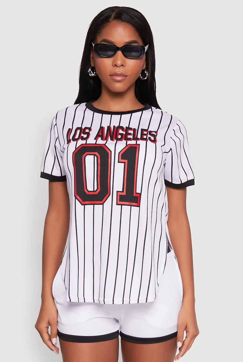 Womens Los Angeles 01 Pinstripe Baseball Jersey, White, Size S