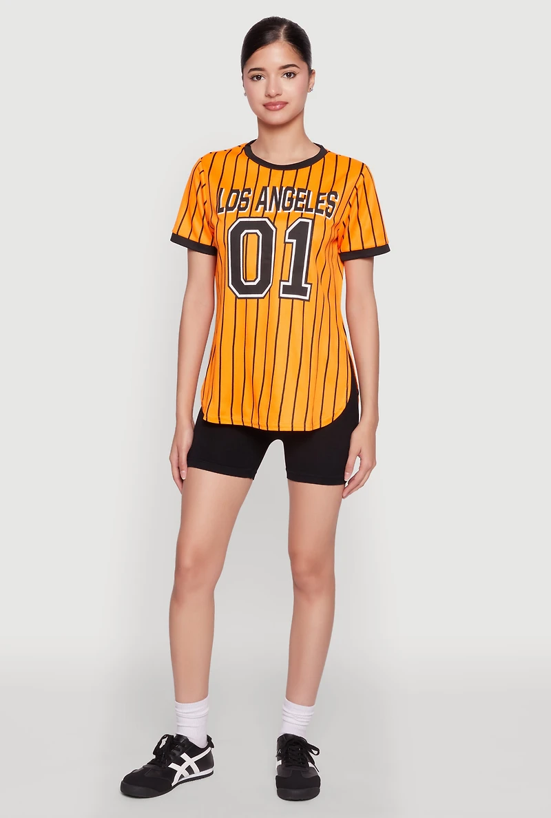 Womens Los Angeles 01 Pinstripe Baseball Jersey, Orange, Size XL