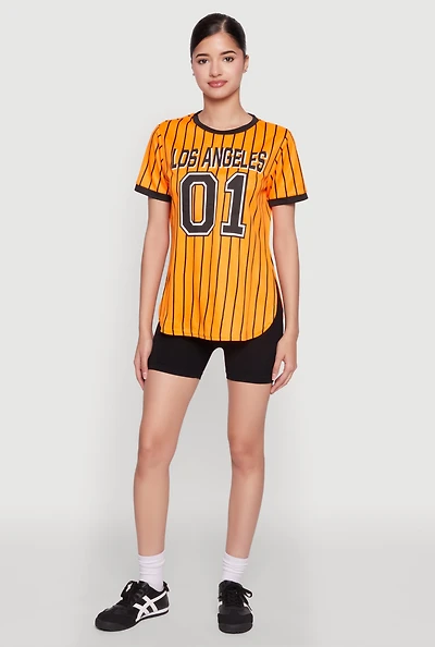 Womens Los Angeles 01 Pinstripe Baseball Jersey, Orange, Size L