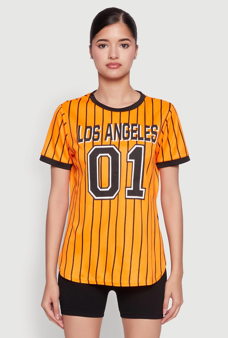 Womens Los Angeles 01 Pinstripe Baseball Jersey, Orange, Size XL