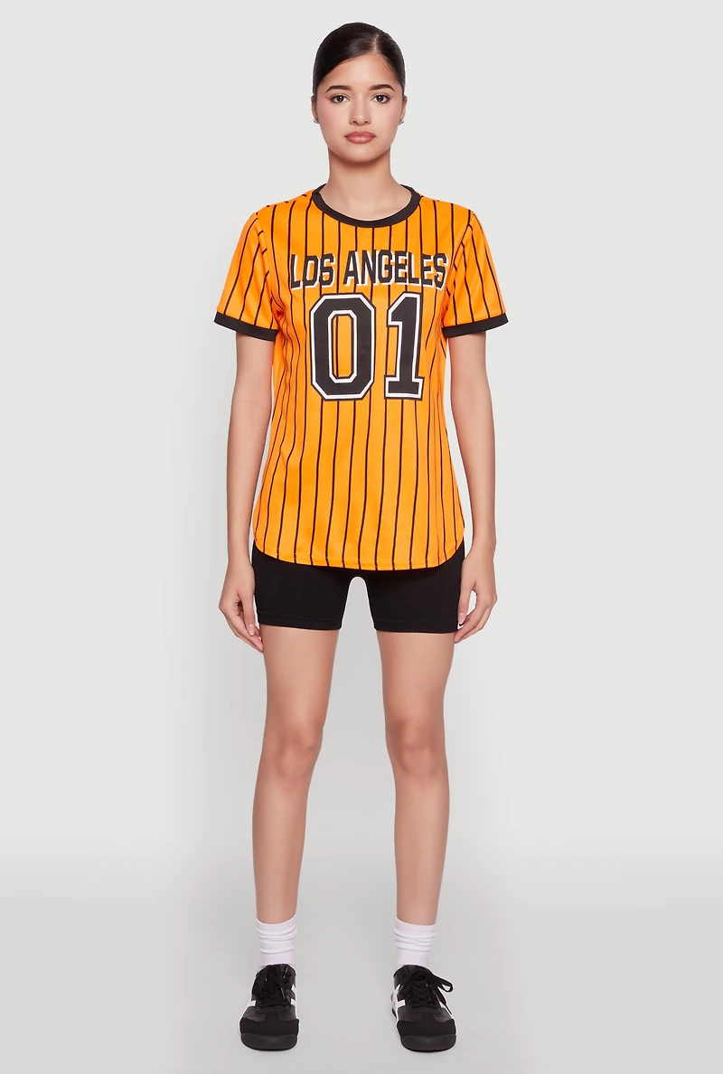 Womens Los Angeles 01 Pinstripe Baseball Jersey, Orange, Size L