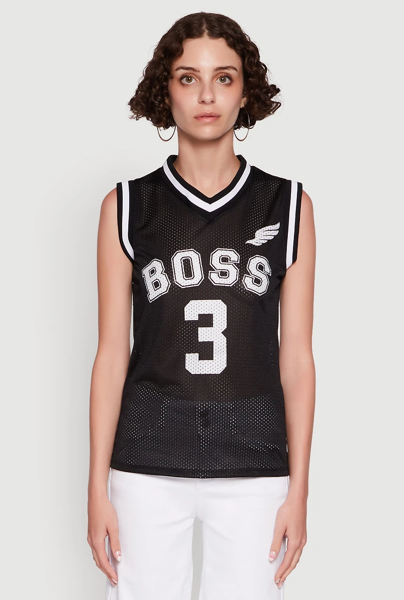 Womens Sleeveless V-Neck Boss 3 Graphic Jersey, Black, Size S