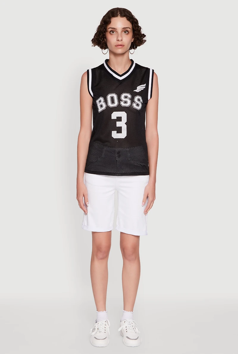 Womens Sleeveless V-Neck Boss 3 Graphic Jersey, Black, Size S