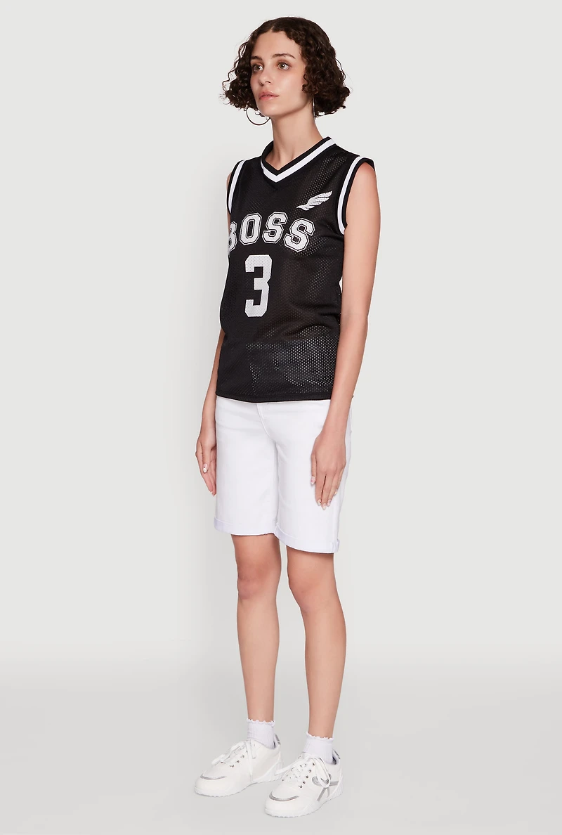Womens Sleeveless V-Neck Boss 3 Graphic Jersey, Black, Size S