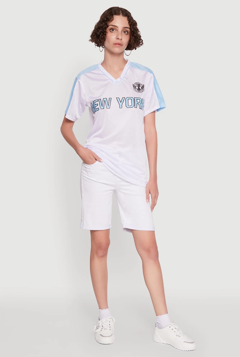 Womens Trendy V-Neck New York Graphic Jersey, White, Size S