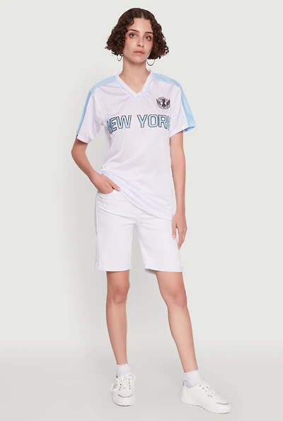 Womens Trendy V-Neck New York Graphic Jersey, White, Size S