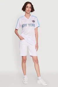 Womens Trendy V-Neck New York Graphic Jersey, White, Size S