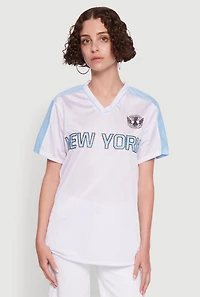 Womens Trendy V-Neck New York Graphic Jersey, White, Size S