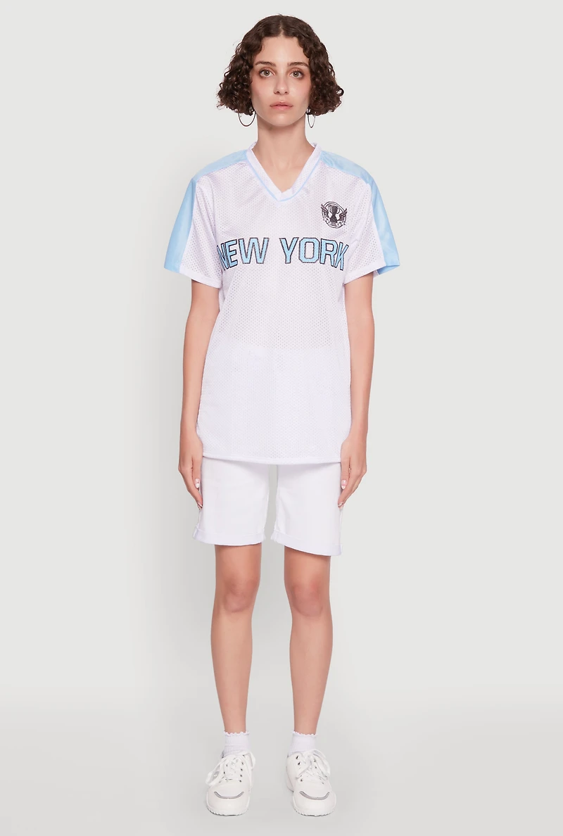 Womens Trendy V-Neck New York Graphic Jersey, White, Size S
