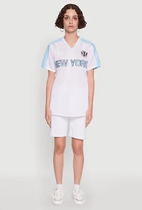 Womens Trendy V-Neck New York Graphic Jersey, White, Size S