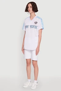 Womens Trendy V-Neck New York Graphic Jersey, White, Size S