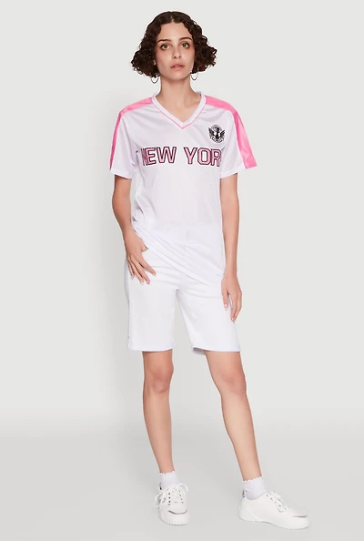Womens Trendy V-Neck New York Graphic Jersey, White, Size M
