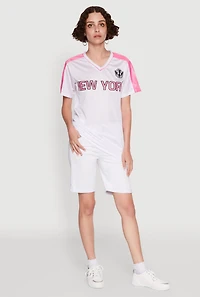 Womens Trendy V-Neck New York Graphic Jersey, White, Size M