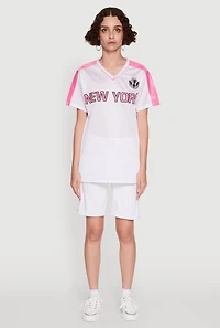 Womens Trendy V-Neck New York Graphic Jersey, White, Size M