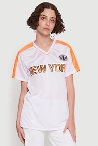 Womens Trendy V-Neck New York Graphic Jersey, White,