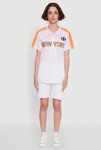 Womens Trendy V-Neck New York Graphic Jersey, White,