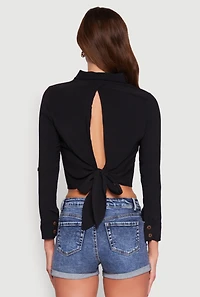 Womens Keyhole Tie Back Long Sleeve Shirt, Black, Size M