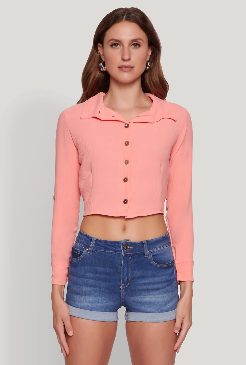 Womens Keyhole Tie Back Long Sleeve Shirt, Pink, Size S