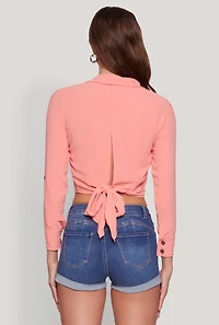Womens Keyhole Tie Back Long Sleeve Shirt, Pink, Size S