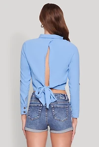 Womens Keyhole Tie Back Long Sleeve Shirt,