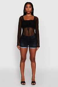 Womens Fishnet Tie Front Keyhole Long Sleeve Top,