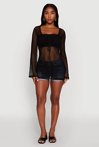 Womens Fishnet Tie Front Keyhole Long Sleeve Top,