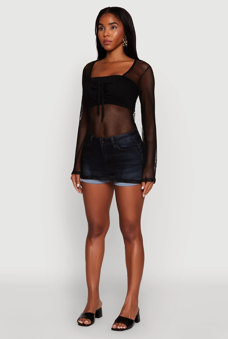 Womens Fishnet Tie Front Keyhole Long Sleeve Top,