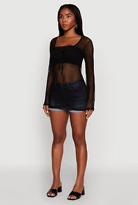 Womens Fishnet Tie Front Keyhole Long Sleeve Top,