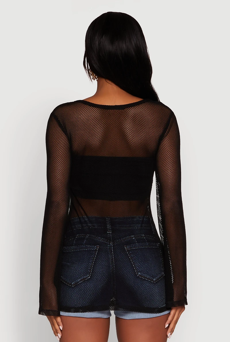 Womens Fishnet Tie Front Keyhole Long Sleeve Top,