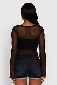 Womens Fishnet Tie Front Keyhole Long Sleeve Top,