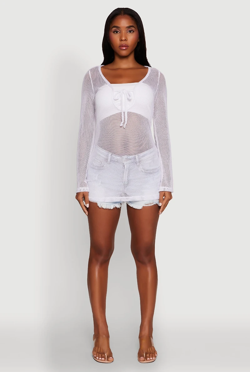 Womens Fishnet Tie Front Keyhole Long Sleeve Top, White, Size L