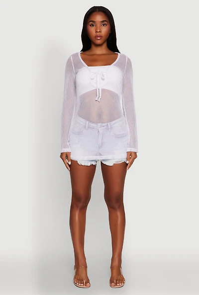 Womens Fishnet Tie Front Keyhole Long Sleeve Top, White, Size L