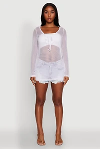 Womens Fishnet Tie Front Keyhole Long Sleeve Top, White, Size L