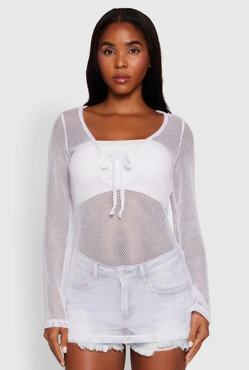 Womens Fishnet Tie Front Keyhole Long Sleeve Top, White, Size L