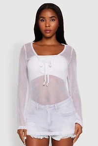 Womens Fishnet Tie Front Keyhole Long Sleeve Top, White, Size L