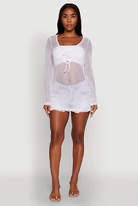 Womens Fishnet Tie Front Keyhole Long Sleeve Top, White, Size L