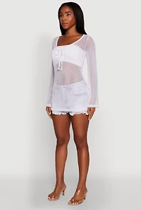Womens Fishnet Tie Front Keyhole Long Sleeve Top, White, Size L