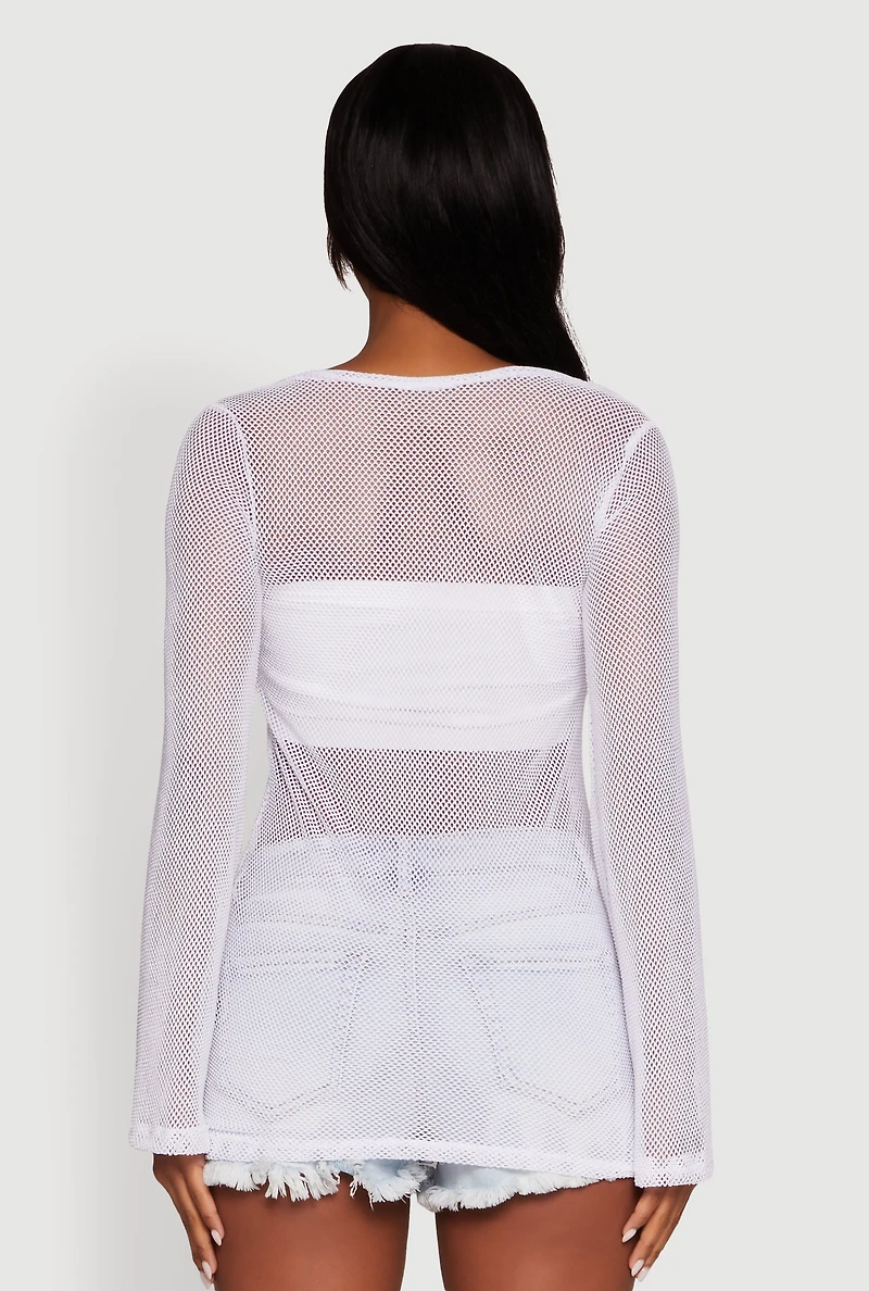 Womens Fishnet Tie Front Keyhole Long Sleeve Top, White, Size L