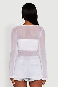 Womens Fishnet Tie Front Keyhole Long Sleeve Top, White, Size L