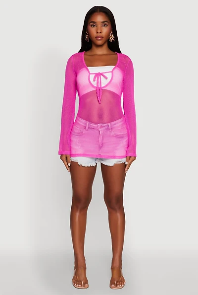 Womens Fishnet Tie Front Keyhole Long Sleeve Top, Pink, Size L